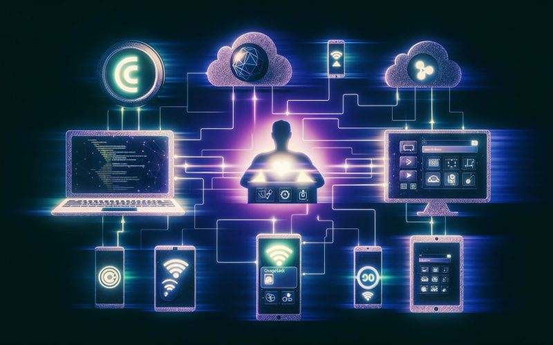 Futuristische Collage: Headless CMS-Dashboard vernetzt moderne Geräte mit leuchtenden Linien, APIs und verblassenden Monolith-Systemen im Hintergrund.