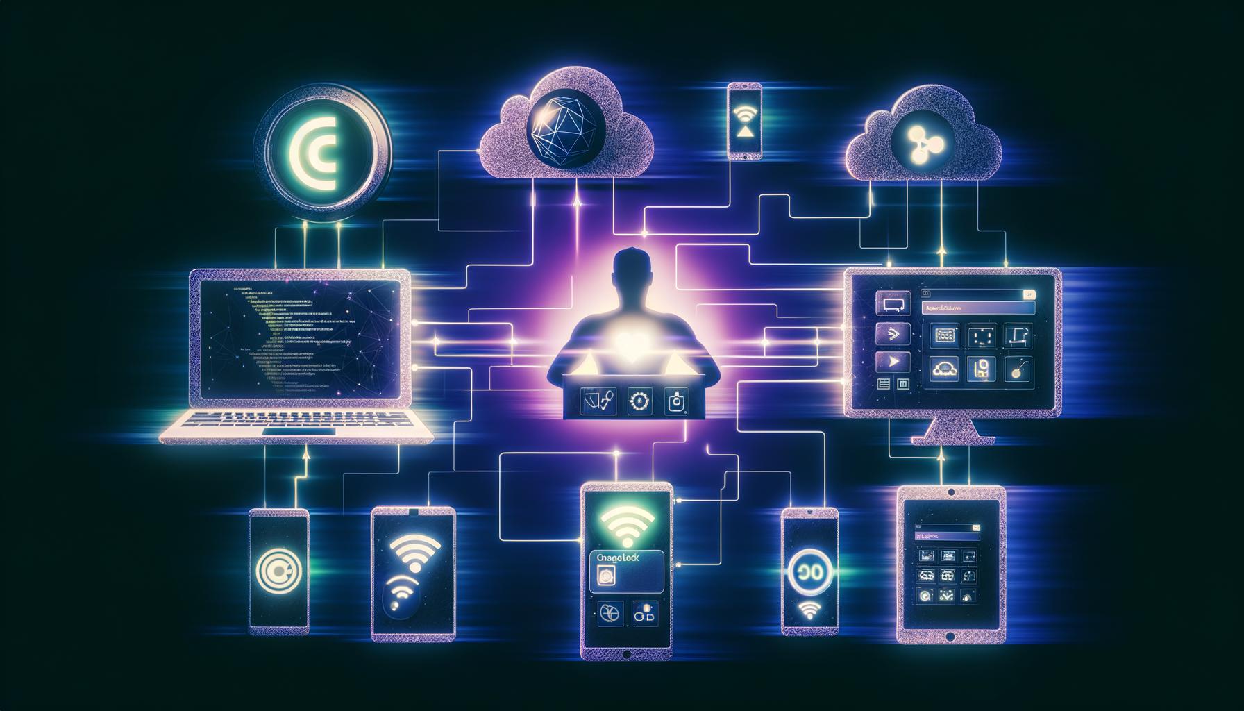 Futuristische Collage: Headless CMS-Dashboard vernetzt moderne Geräte mit leuchtenden Linien, APIs und verblassenden Monolith-Systemen im Hintergrund.