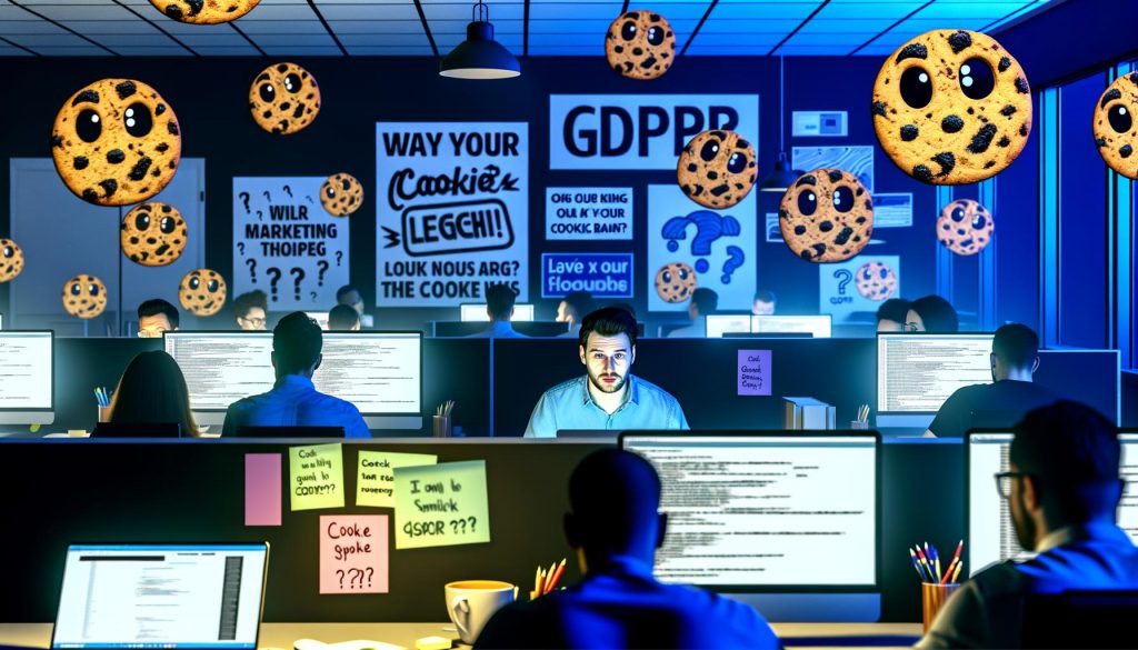 Modernes Großraumbüro bei Nacht mit gestressten Menschen, schwebenden Cookie-Bannern, Gesetzestexten und Code auf Laptops im kühlen, digitalen Licht.