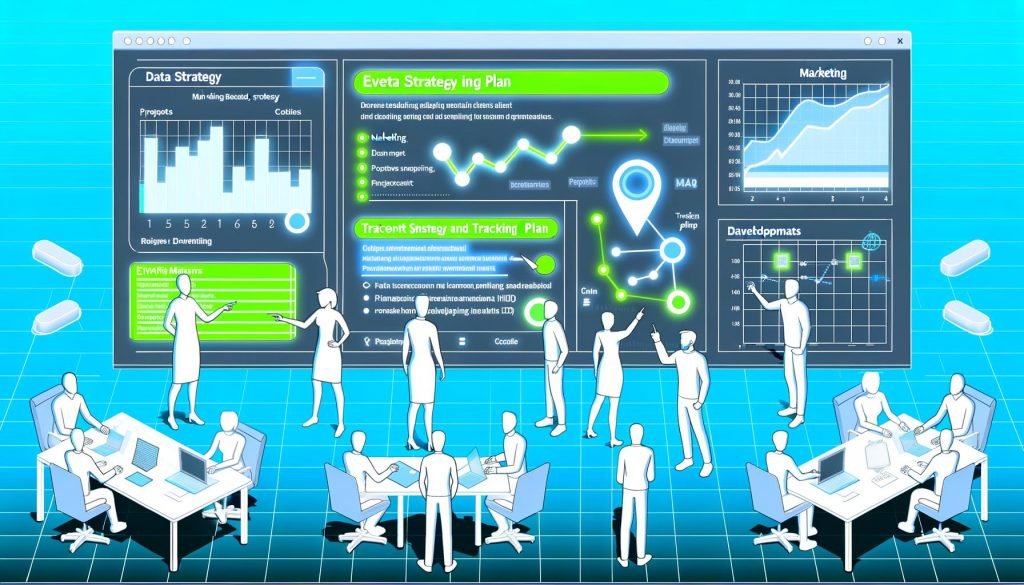 Modernes Magazin-Titelbild zu Datenstrategie mit zentralem Tracking-Plan-Dokument, Datenteam, Entwicklern und Marketern, die auf digitale Dashboards und Diagramme zeigen.