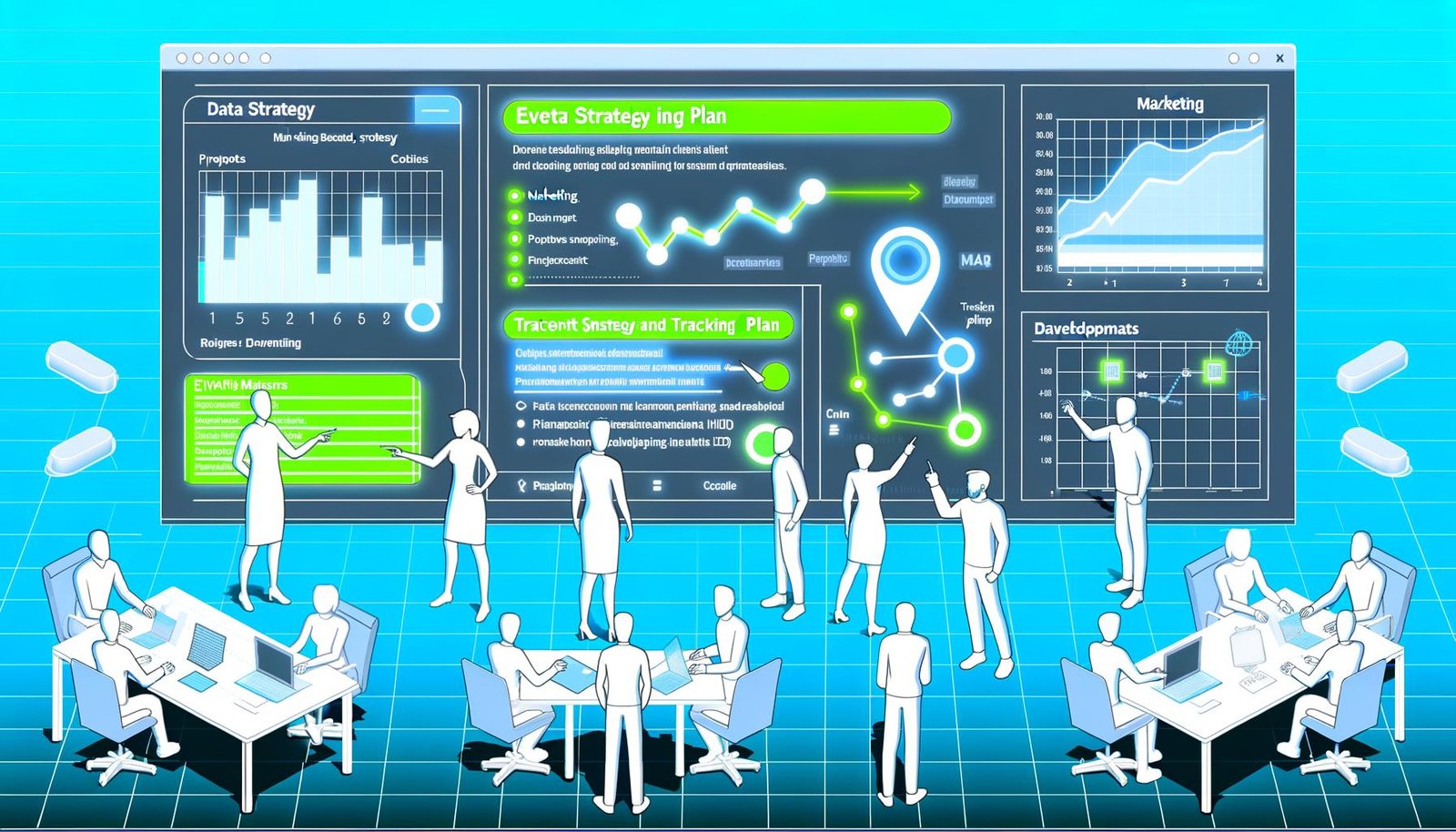 Modernes Magazin-Titelbild zu Datenstrategie mit zentralem Tracking-Plan-Dokument, Datenteam, Entwicklern und Marketern, die auf digitale Dashboards und Diagramme zeigen.