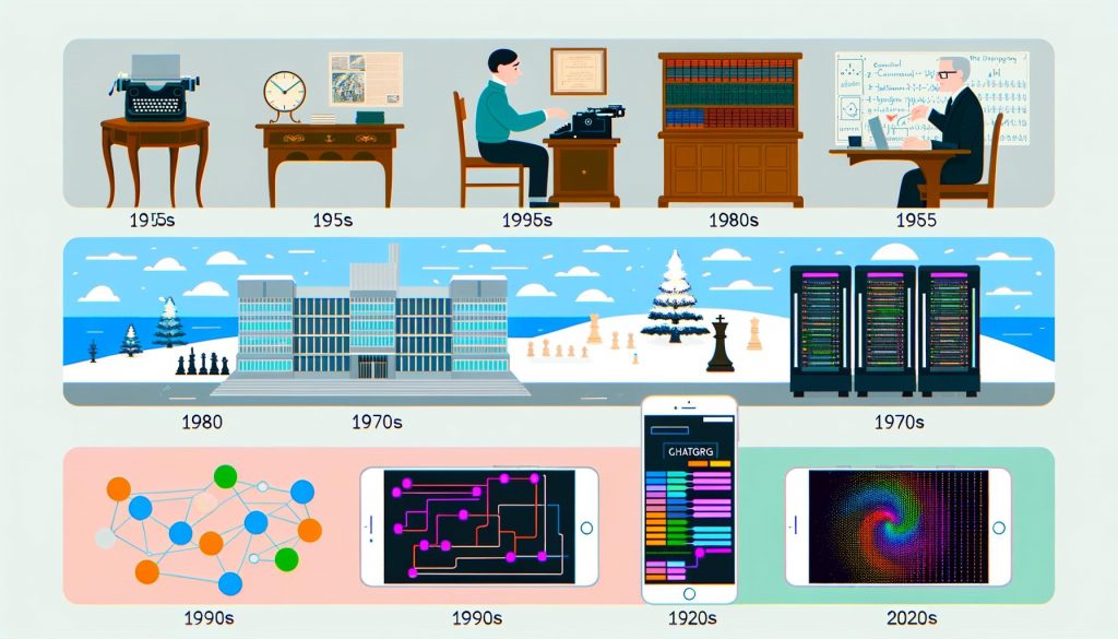 Illustration einer Zeitleiste mit ikonischen Motiven der KI-Geschichte: Alan Turing am Schreibtisch, Dartmouth Conference, Schachcomputer, AI-Winter, Skizzen neuronaler Netze, Deep-Learning-Server und ein Smartphone mit ChatGPT.