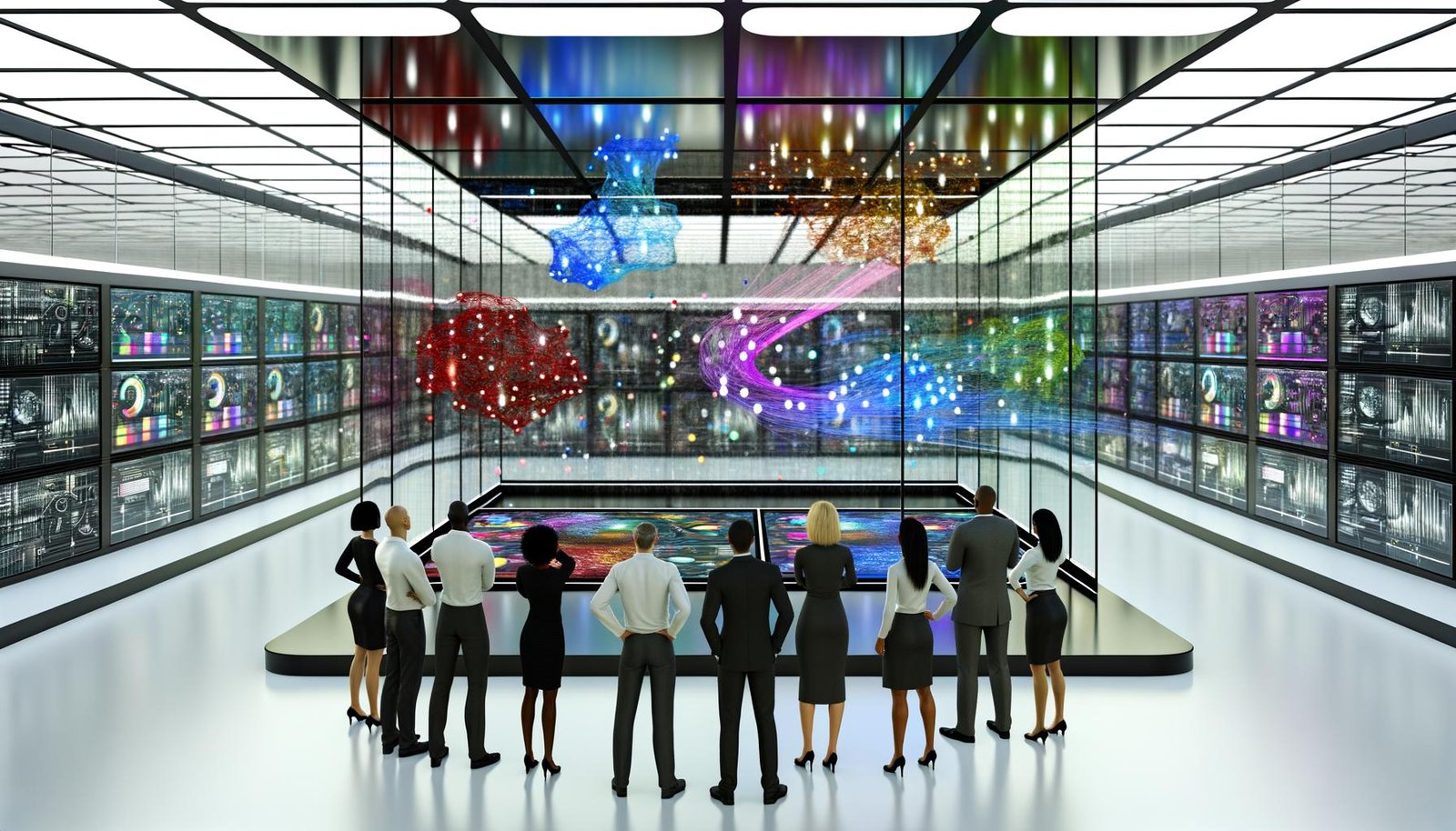 Diverse Fachleute analysieren Kundendaten-Cluster auf großen transparenten Bildschirmen in einem modernen, automatisierten Rechenzentrum.