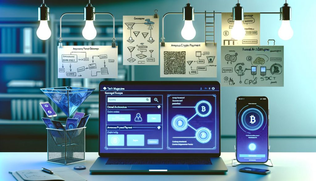 Futuristisches Schreibtisch-Setup mit Laptop und Crypto-Payment-Dashboards, Smartphone mit Krypto-Wallet-App, Etsy-Shop und schwebenden technischen Notizen und Symbolen.