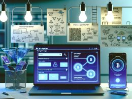 Futuristisches Schreibtisch-Setup mit Laptop und Crypto-Payment-Dashboards, Smartphone mit Krypto-Wallet-App, Etsy-Shop und schwebenden technischen Notizen und Symbolen.