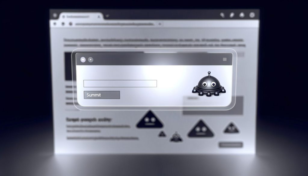 Dashboard mit halbtransparentem Conversion-Modal im Vordergrund; am Rand sucht ein stilisierter, ratlos wirkender Googlebot vorbei. Im Hintergrund verschwommene UI-Elemente.