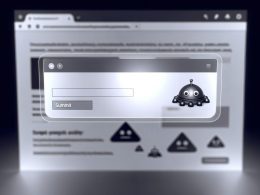 Dashboard mit halbtransparentem Conversion-Modal im Vordergrund; am Rand sucht ein stilisierter, ratlos wirkender Googlebot vorbei. Im Hintergrund verschwommene UI-Elemente.