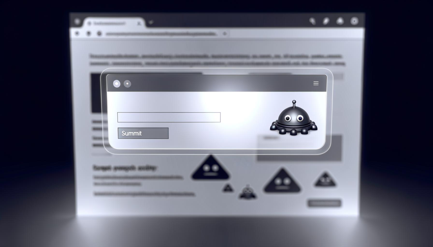 Dashboard mit halbtransparentem Conversion-Modal im Vordergrund; am Rand sucht ein stilisierter, ratlos wirkender Googlebot vorbei. Im Hintergrund verschwommene UI-Elemente.