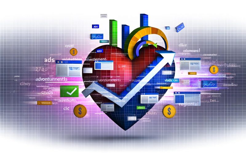 Digitales Herz als Infografik mit Keywords, Ads, Klickstatistiken, Screenshots, Google Ads-Logo, CTR-Kurve, Preisschild und Algorithmus-Code in energischen Farben.