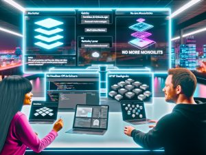 Heller, futuristischer Newsroom mit Marketer und Entwickler, die eine Headless CMS-Architektur auf einem Tablet besprechen. Im Hintergrund große holografische Bildschirme und Frontend-Laptops mit Logos von Next.js, Gatsby, SvelteKit und Contentful.