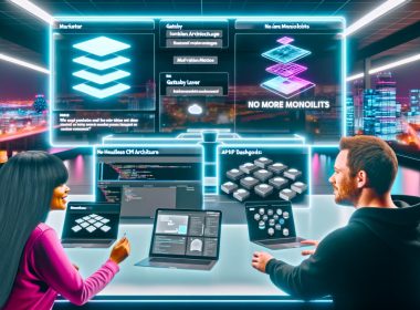 Heller, futuristischer Newsroom mit Marketer und Entwickler, die eine Headless CMS-Architektur auf einem Tablet besprechen. Im Hintergrund große holografische Bildschirme und Frontend-Laptops mit Logos von Next.js, Gatsby, SvelteKit und Contentful.