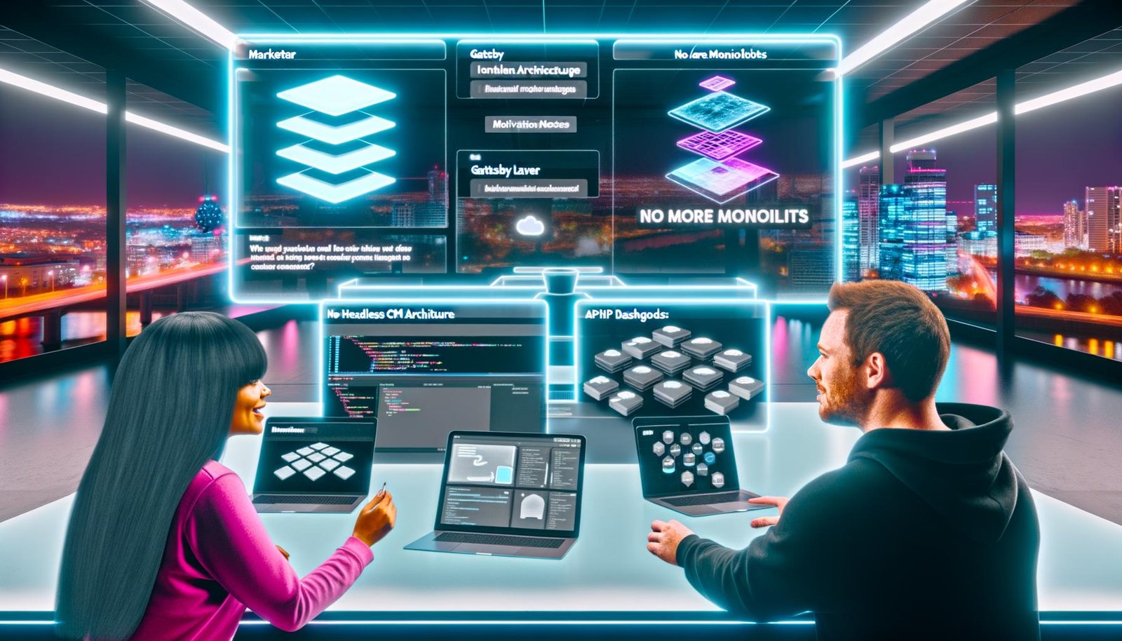 Heller, futuristischer Newsroom mit Marketer und Entwickler, die eine Headless CMS-Architektur auf einem Tablet besprechen. Im Hintergrund große holografische Bildschirme und Frontend-Laptops mit Logos von Next.js, Gatsby, SvelteKit und Contentful.