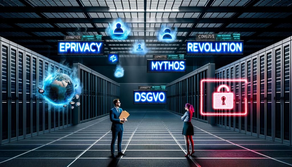 Surreales Titelbild eines techniklastigen Serverraums, über dem Begriffe wie ePrivacy und DSGVO schweben, mit einem Datenschutz-Advokaten und einem Marketer vor einem roten Consent-Popup.