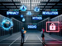 Surreales Titelbild eines techniklastigen Serverraums, über dem Begriffe wie ePrivacy und DSGVO schweben, mit einem Datenschutz-Advokaten und einem Marketer vor einem roten Consent-Popup.