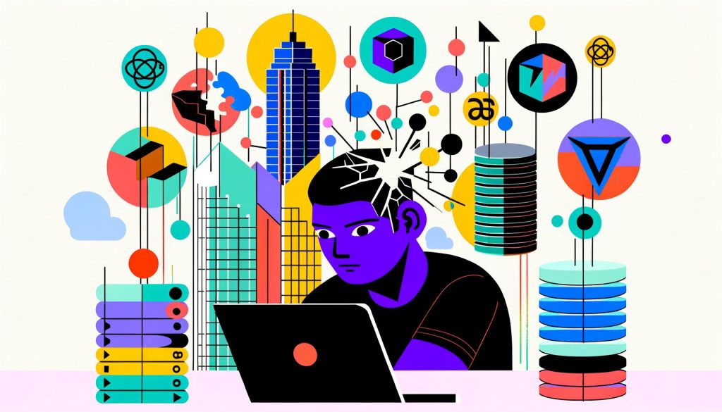 Moderne Editorial-Illustration mit Entwickler am Laptop, Headless-Symbolen, Datenbank- und API-Icons sowie Frontend-Framework-Logos vor einer abstrahierten Skyline. Zerschmettertes WordPress-Symbol im Hintergrund.