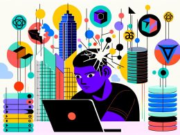 Moderne Editorial-Illustration mit Entwickler am Laptop, Headless-Symbolen, Datenbank- und API-Icons sowie Frontend-Framework-Logos vor einer abstrahierten Skyline. Zerschmettertes WordPress-Symbol im Hintergrund.