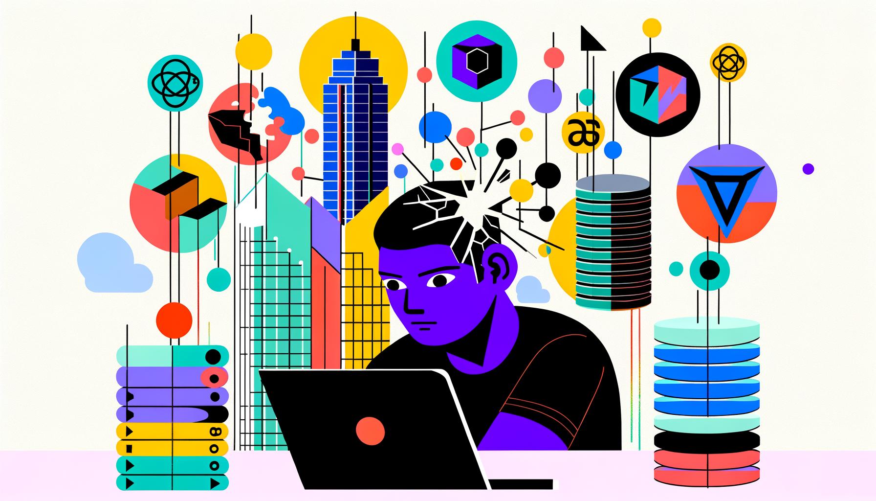 Moderne Editorial-Illustration mit Entwickler am Laptop, Headless-Symbolen, Datenbank- und API-Icons sowie Frontend-Framework-Logos vor einer abstrahierten Skyline. Zerschmettertes WordPress-Symbol im Hintergrund.