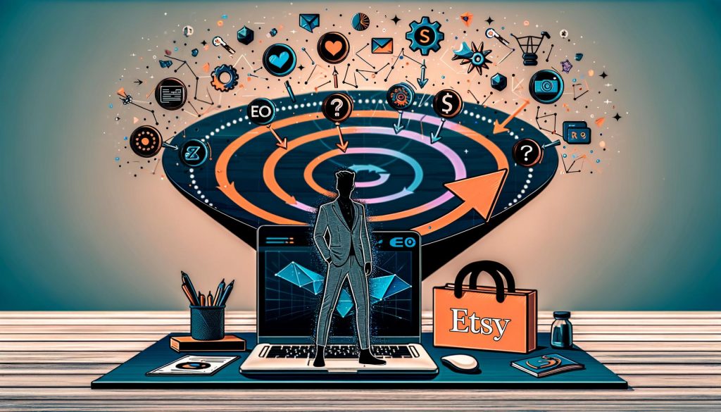 Stilisierte Illustration eines Einzelunternehmers vor digitalem Tisch mit Etsy-Produkten, Laptop, Automatisierungssymbolen, Tracking-Diagrammen, Tools wie Zapier, Google Analytics, CRM und einem Funnel für Sichtbarkeit, Conversion und Retention.