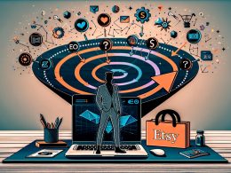 Stilisierte Illustration eines Einzelunternehmers vor digitalem Tisch mit Etsy-Produkten, Laptop, Automatisierungssymbolen, Tracking-Diagrammen, Tools wie Zapier, Google Analytics, CRM und einem Funnel für Sichtbarkeit, Conversion und Retention.