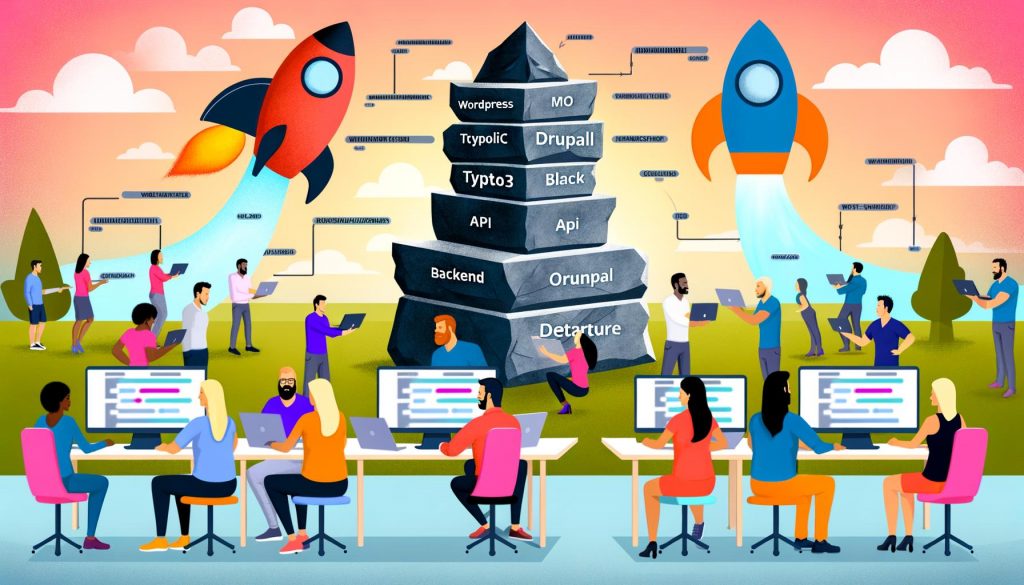 Illustration einer metaphorischen Schlacht zwischen alten Monolith-CMS-Systemen wie WordPress, TYPO3 und Drupal, dargestellt als schwere Steinskulpturen, und der modernen, leichten Strapi Headless-Rakete mit zufriedenen Entwicklern in kreativer Office-Umgebung.