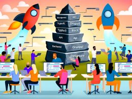 Illustration einer metaphorischen Schlacht zwischen alten Monolith-CMS-Systemen wie WordPress, TYPO3 und Drupal, dargestellt als schwere Steinskulpturen, und der modernen, leichten Strapi Headless-Rakete mit zufriedenen Entwicklern in kreativer Office-Umgebung.