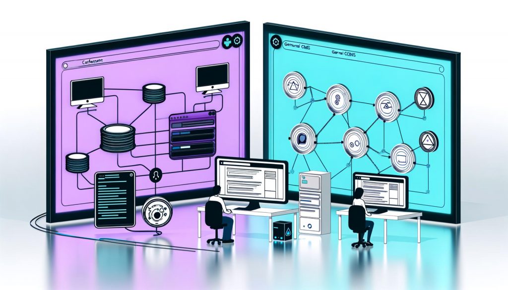 Minimalistische Illustration eines Entwickler- und Content-Teams, das vor digitalen Bildschirmen sitzt. Im Hintergrund stilisierte Strapi Backend-Interfaces und vernetzte Frontends wie Website, App und IoT-Geräte mit bunten Linien, die APIs symbolisieren. Technische Effizienz und Kollaboration stehen im Fokus.