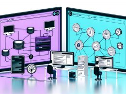 Minimalistische Illustration eines Entwickler- und Content-Teams, das vor digitalen Bildschirmen sitzt. Im Hintergrund stilisierte Strapi Backend-Interfaces und vernetzte Frontends wie Website, App und IoT-Geräte mit bunten Linien, die APIs symbolisieren. Technische Effizienz und Kollaboration stehen im Fokus.