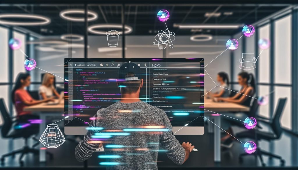 Entwickler bedient Strapi Admin-Panel auf Ultrawide-Monitor, umgeben von Kollegen mit Laptops in kreativem High-Tech-Büro, abstrakte Verbindungslinien symbolisieren API-Schnittstellen.