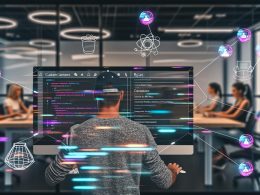 Entwickler bedient Strapi Admin-Panel auf Ultrawide-Monitor, umgeben von Kollegen mit Laptops in kreativem High-Tech-Büro, abstrakte Verbindungslinien symbolisieren API-Schnittstellen.