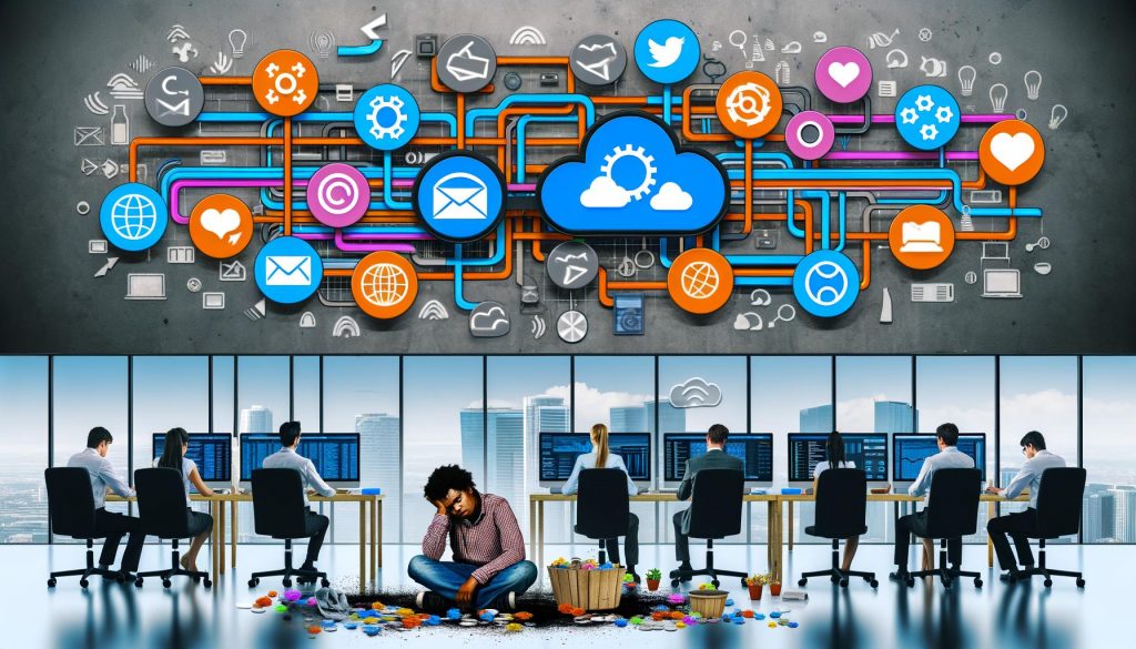Modernes Büro mit vernetztem Team, das durch API-Integrationen und automatisierte Datenflüsse verschiedene Plattformen verbindet; links ein frustrierter Mitarbeiter mit isolierten Tools.