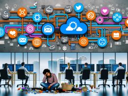 Modernes Büro mit vernetztem Team, das durch API-Integrationen und automatisierte Datenflüsse verschiedene Plattformen verbindet; links ein frustrierter Mitarbeiter mit isolierten Tools.