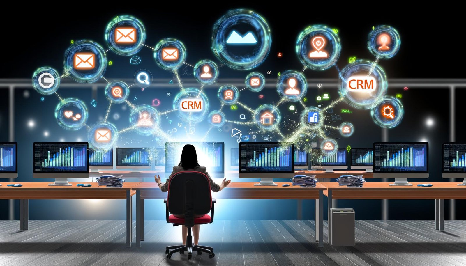 Modernes Marketing-Büro mit vernetzten Tools und entspannter Person vor dem Computer, Icons für CRM, E-Mail, Social Media und Analytics sichtbar