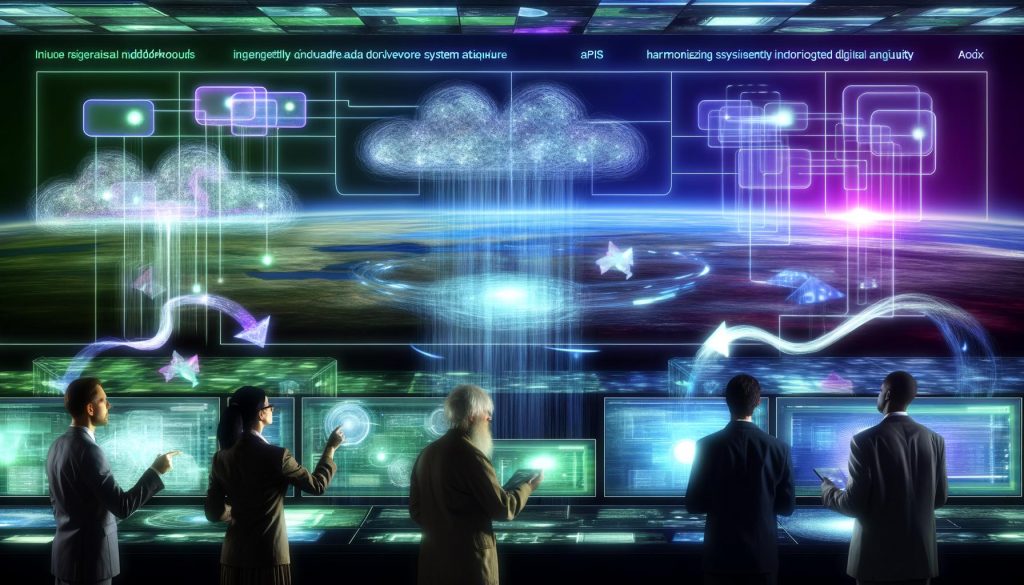 Futuristischer Kontrollraum mit digitalen Dashboards, schwebenden Hologramm-Oberflächen und Experten, die Datenströme zwischen modernen und veralteten Geschäftssystemen analysieren.