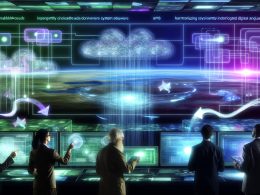 Futuristischer Kontrollraum mit digitalen Dashboards, schwebenden Hologramm-Oberflächen und Experten, die Datenströme zwischen modernen und veralteten Geschäftssystemen analysieren.