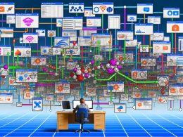 Überforderter Marketer an einem Schreibtisch, umgeben von verstreuten, nicht verbundenen CRM-, Analyse- und Automatisierungs-Tools sowie wirren Datenkabeln und Dateninseln.