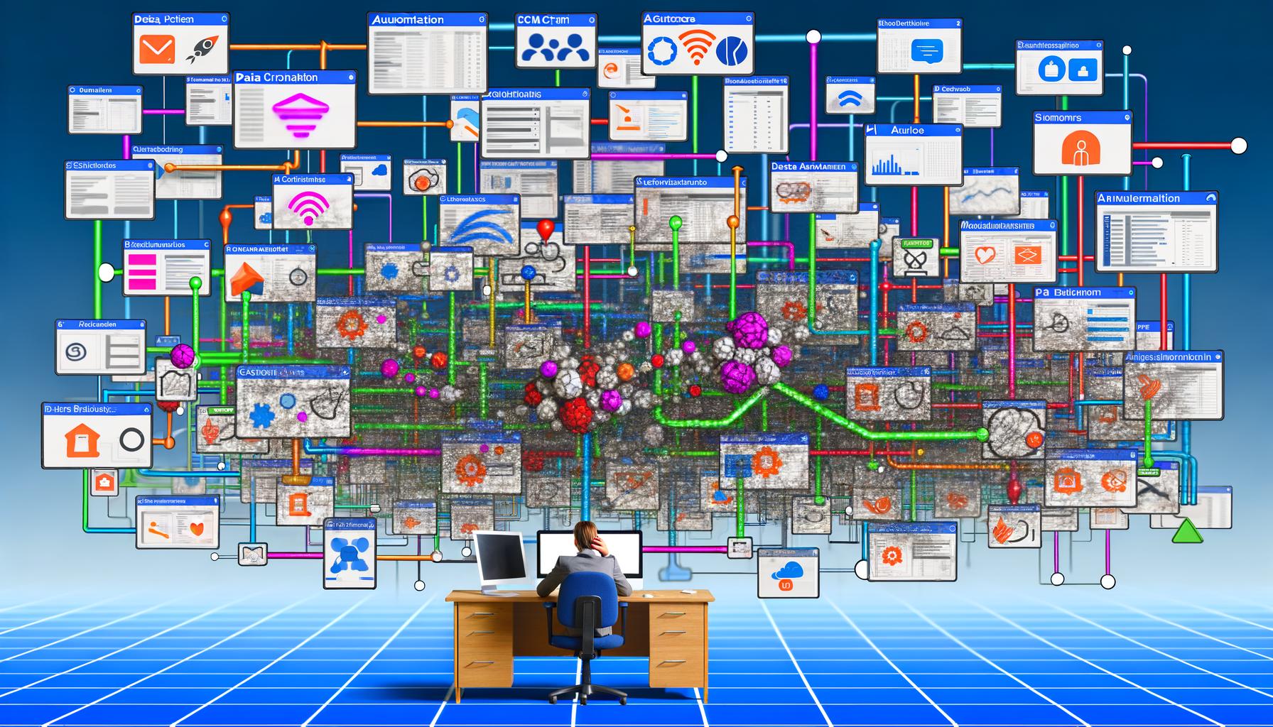 Überforderter Marketer an einem Schreibtisch, umgeben von verstreuten, nicht verbundenen CRM-, Analyse- und Automatisierungs-Tools sowie wirren Datenkabeln und Dateninseln.
