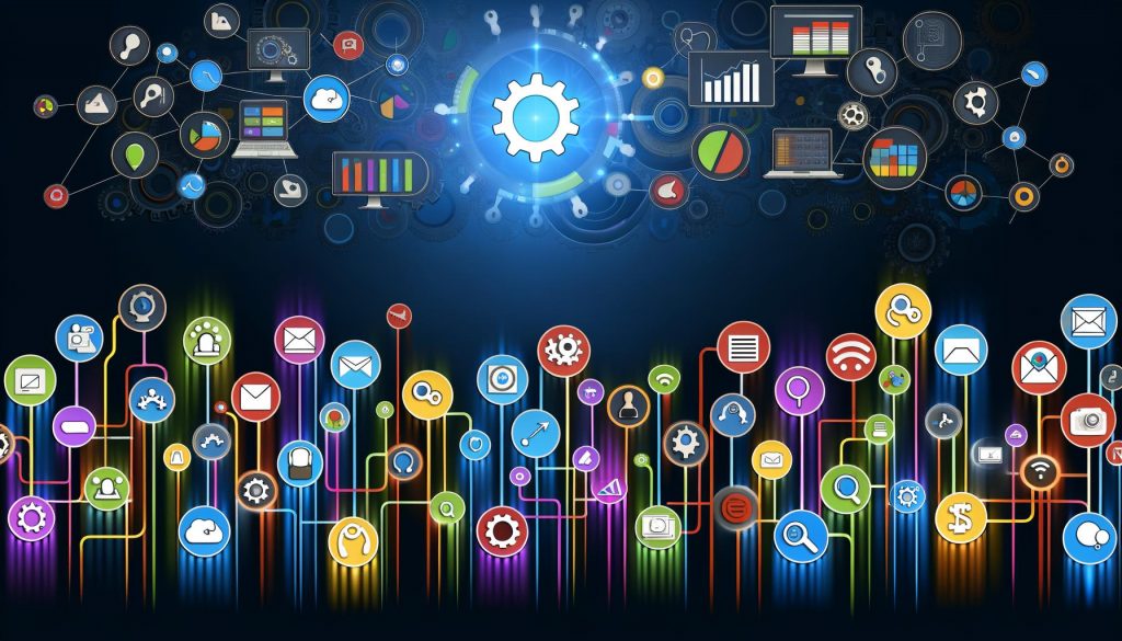 Dynamische Flat-Design-Infografik zeigt miteinander vernetzte Online-Marketing-Tools als farbige Icons, leuchtende Datenflüsse, Zahnräder, API-Symbole und ein zentrales Dashboard für maximale Effizienz.