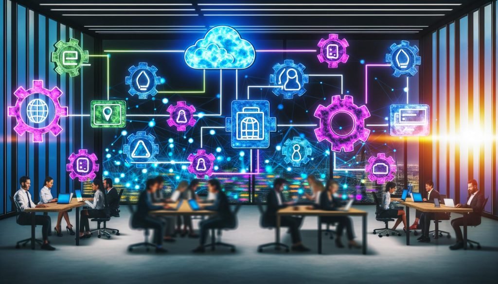 Modernes, technologisches Büro mit Mitarbeitenden an vernetzten Geräten, digitalen Schnittstellen und leuchtender Flowchart-Grafik im Hintergrund