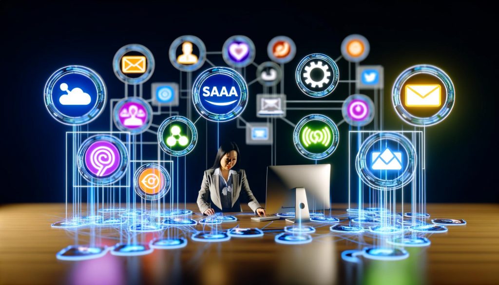 Moderner Arbeitsplatz mit mehreren Bildschirmen, auf denen SaaS-Logos wie CRM, Analytics und E-Mail-Marketing erscheinen, verbunden durch leuchtende Datenströme und eine zentrale Schaltzentrale.