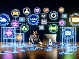 Moderner Arbeitsplatz mit mehreren Bildschirmen, auf denen SaaS-Logos wie CRM, Analytics und E-Mail-Marketing erscheinen, verbunden durch leuchtende Datenströme und eine zentrale Schaltzentrale.