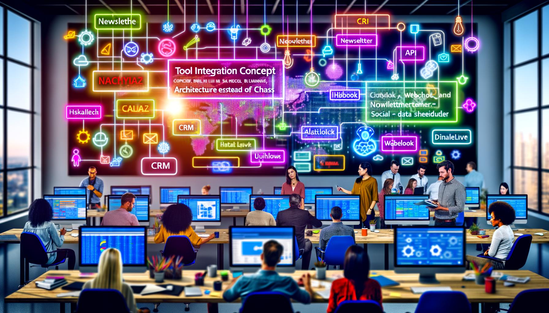 Büroszene einer digitalen Marketingabteilung mit Dashboard, CRM-, Analytics- und Newsletter-Tools, Teammitgliedern und Whiteboard mit 'Tool Integration Konzept 2025'.