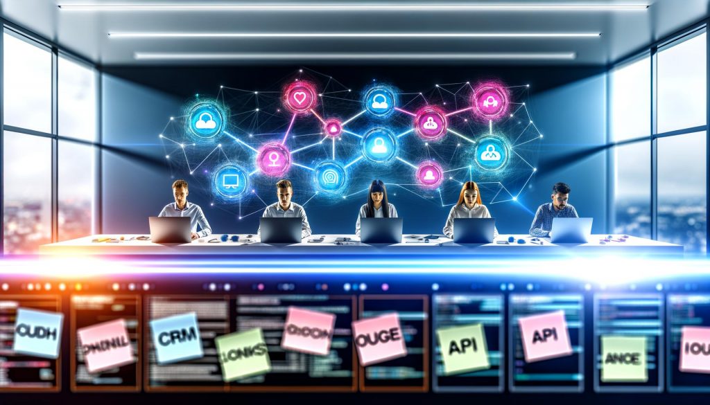 Junge Experten in modernem Kontrollraum analysieren bunte Netzwerkdiagramme mit Fokus auf Datenschutz, API und Monitoring, umgeben von digitalen Tools im Marketinglab.