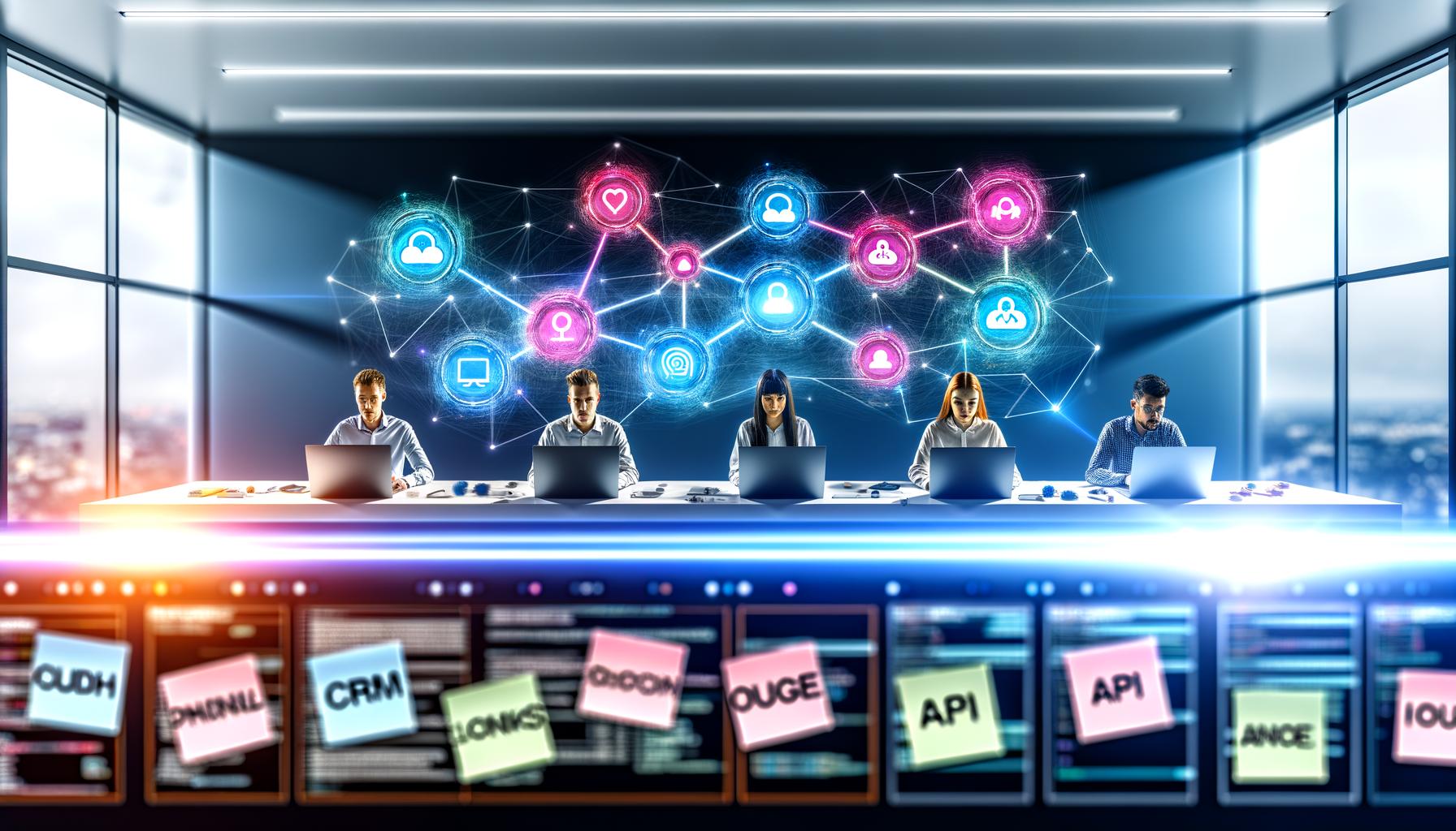 Junge Experten in modernem Kontrollraum analysieren bunte Netzwerkdiagramme mit Fokus auf Datenschutz, API und Monitoring, umgeben von digitalen Tools im Marketinglab.
