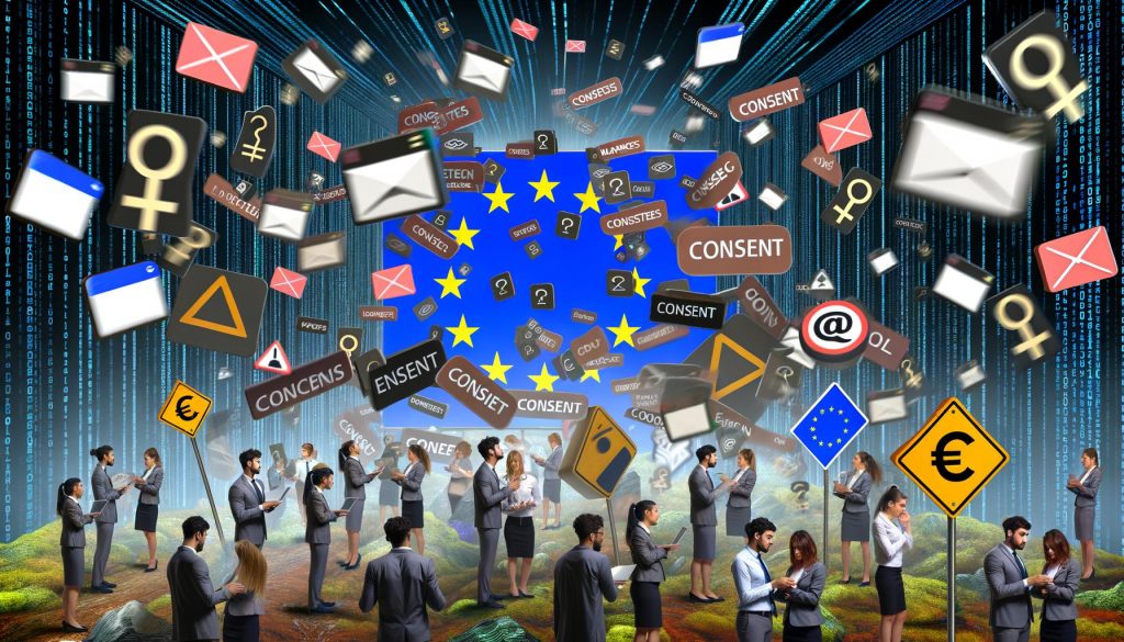 Illustration eines chaotischen digitalen Dschungels mit Bürokraten, Marketern, Entwicklern, Datenschützern und einem Nutzer vor überfüllten Cookie-Consent-Bannern, während im Hintergrund EU-Flaggen und Aktenstapel sichtbar sind.
