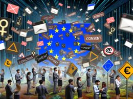 Illustration eines chaotischen digitalen Dschungels mit Bürokraten, Marketern, Entwicklern, Datenschützern und einem Nutzer vor überfüllten Cookie-Consent-Bannern, während im Hintergrund EU-Flaggen und Aktenstapel sichtbar sind.