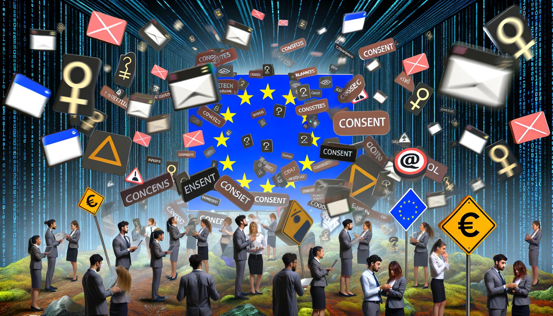 Illustration eines chaotischen digitalen Dschungels mit Bürokraten, Marketern, Entwicklern, Datenschützern und einem Nutzer vor überfüllten Cookie-Consent-Bannern, während im Hintergrund EU-Flaggen und Aktenstapel sichtbar sind.