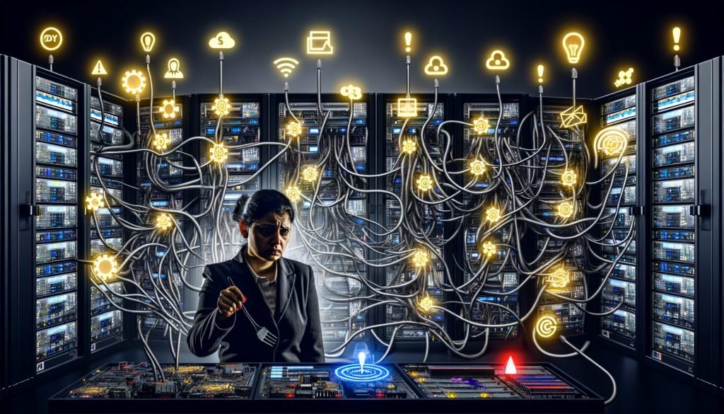Marketer im hektischen, düsteren Maschinenraum voller verschachtelter Serverracks, Kabel, blinkender LEDs und digitalen Tool-Icons, während leuchtende Datenströme Verbindungen und Alarme zwischen den Systemen anzeigen.