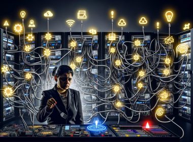 Marketer im hektischen, düsteren Maschinenraum voller verschachtelter Serverracks, Kabel, blinkender LEDs und digitalen Tool-Icons, während leuchtende Datenströme Verbindungen und Alarme zwischen den Systemen anzeigen.