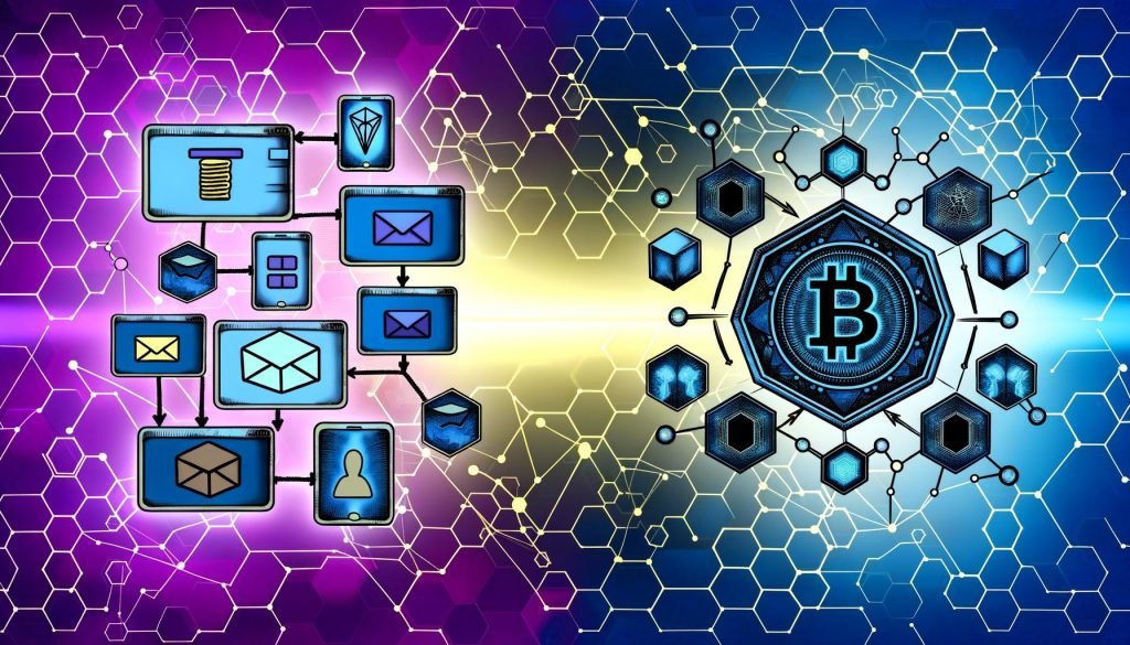 Moderne Illustration eines Etsy-Shops links und einer Blockchain rechts, verbunden durch digitale Schnittstellen, Wallet-Logos und fließende Daten in einer innovativen Farbpalette.