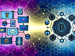 Moderne Illustration eines Etsy-Shops links und einer Blockchain rechts, verbunden durch digitale Schnittstellen, Wallet-Logos und fließende Daten in einer innovativen Farbpalette.